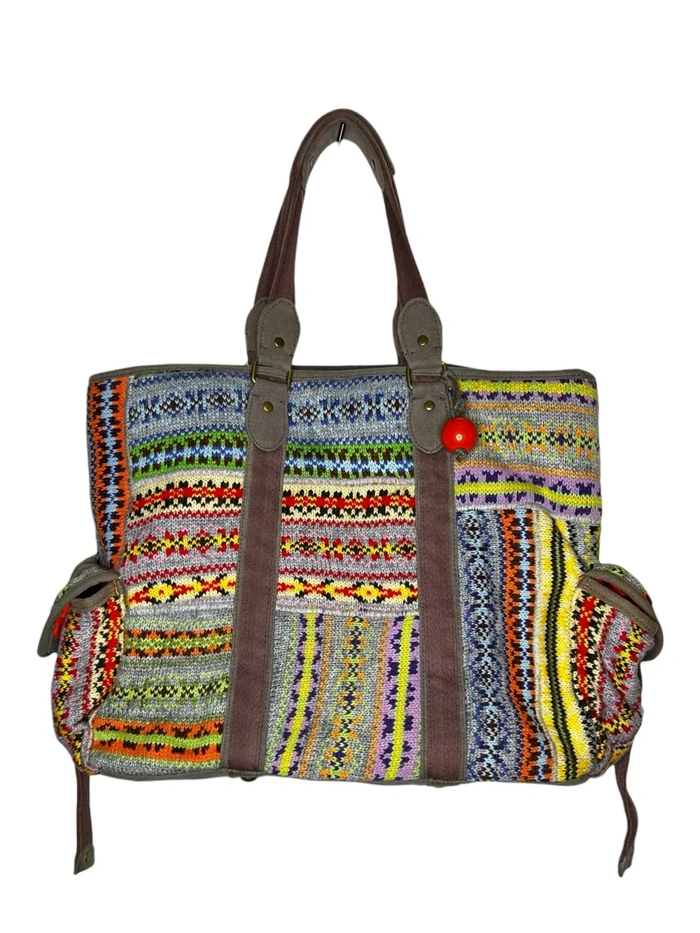 Free People Weekender Woven Tote Bag Boho Tribal Knit Orange Lined OS
